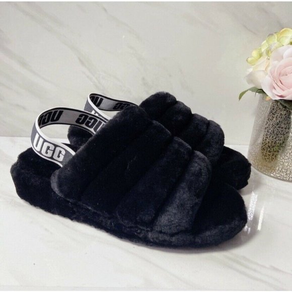 UGG Fluff Yeah Genuine Shearling Platform Slingback Sandal Slide Black US 6 - Picture 3 of 10